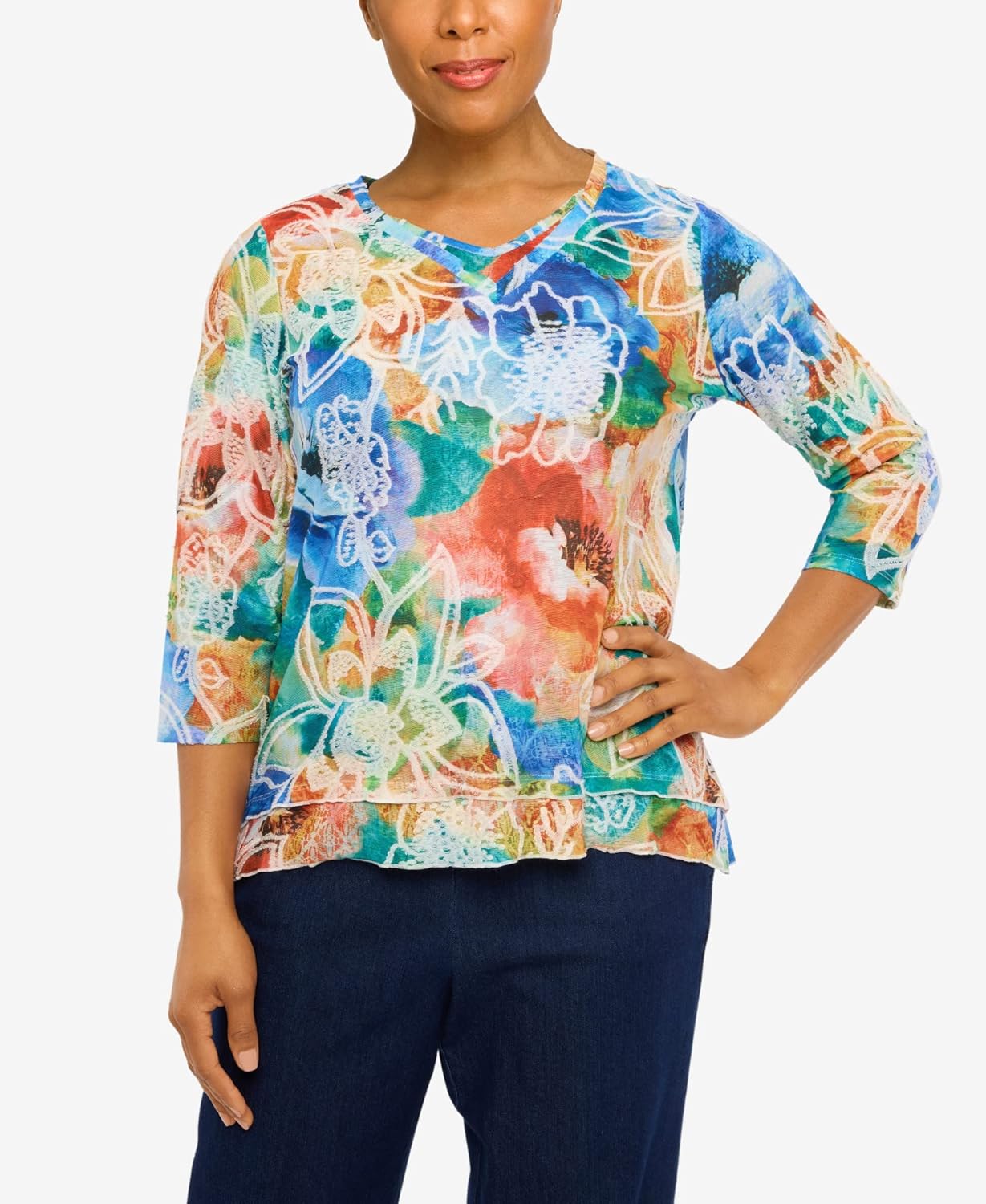 Alfred Dunner Women's Petite Moody Watercolor Floral V-Neck Top Size PXL Multi