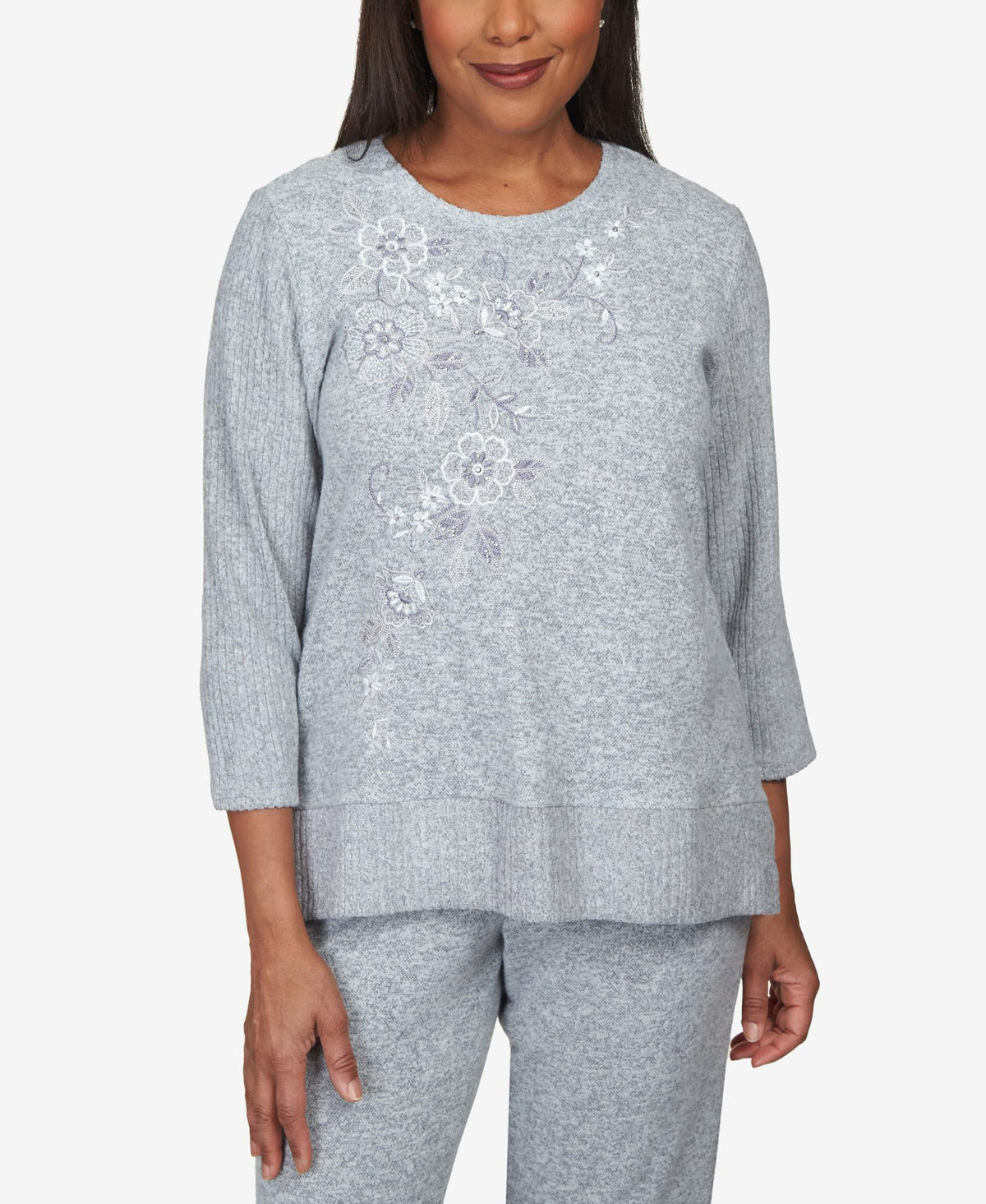 Alfred Dunner Comfort Zone Floral Embroidered Ribbed Sleeve with Slit Hem Knit Top
