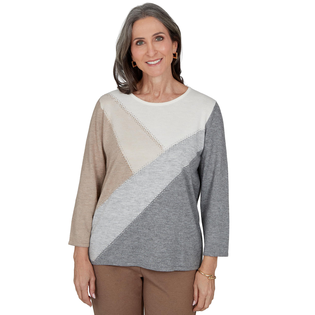 Alfred Dunner Petite Studded Colorblock Sweater, Grey, PL