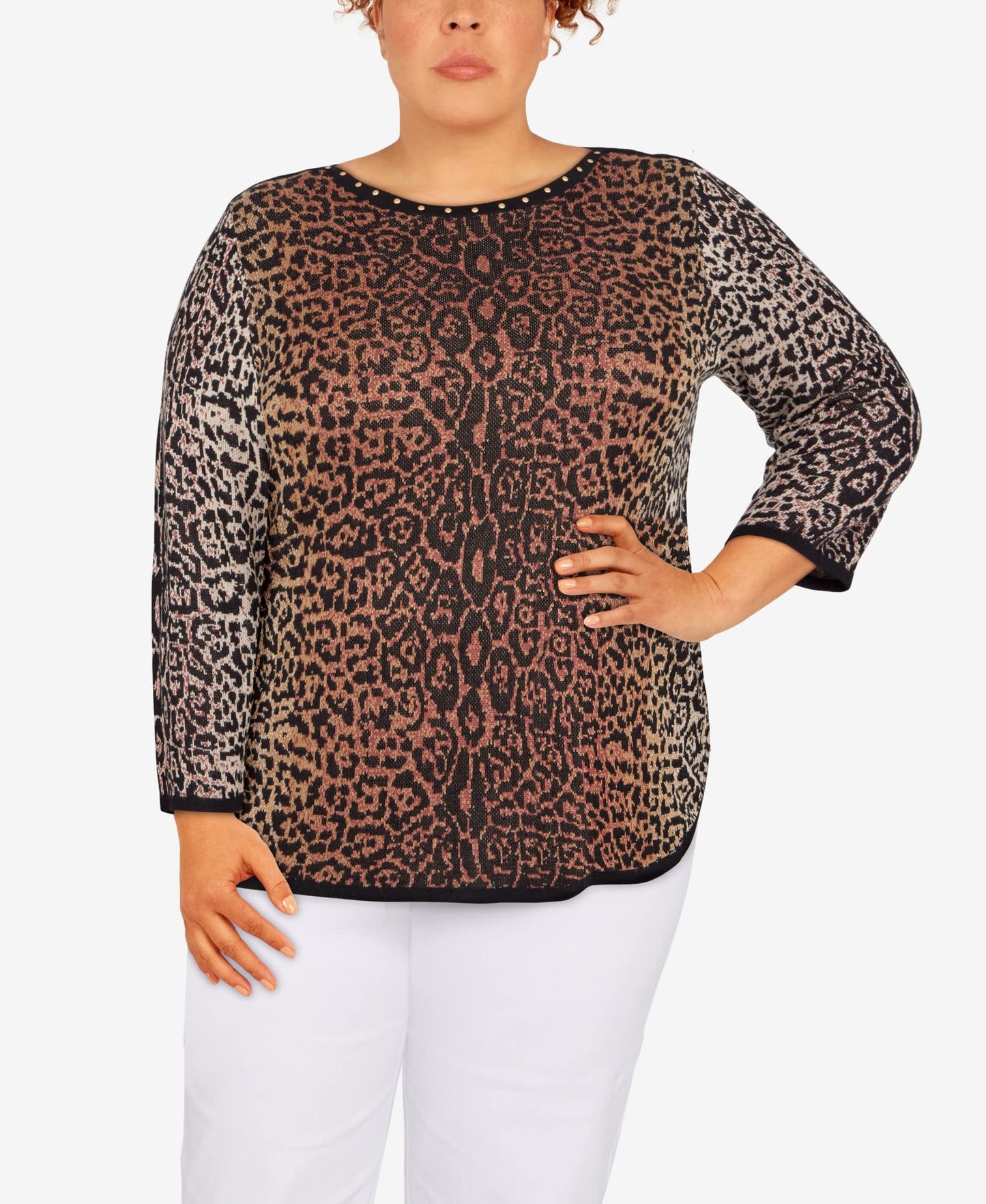 Alfred Dunner Women's Plus-Size Womens Animal Jacquard 3/4 Sleeve Sweater