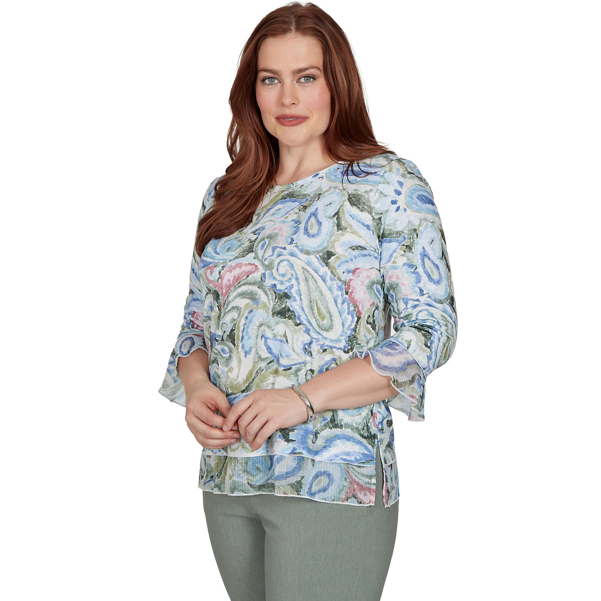 Alfred Dunner Women's Paisley Woven Trim Knit Top, Blue, XL