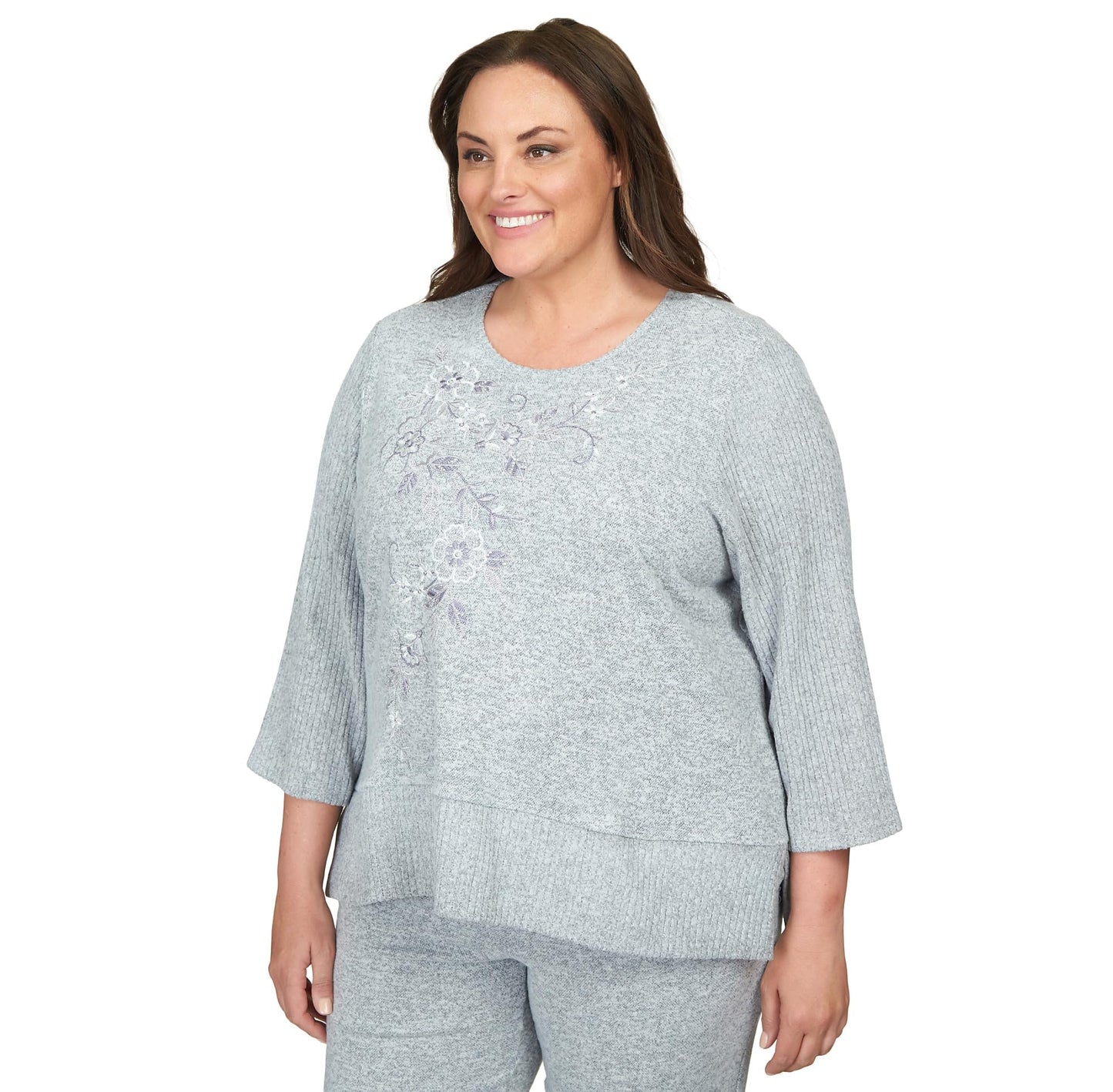 Alfred Dunner Comfort Zone Floral Embroidered with Slit Hem and Ribbed Sleeve (US, Alpha, 3X, Plus, Regular, Plus Size, Grey)