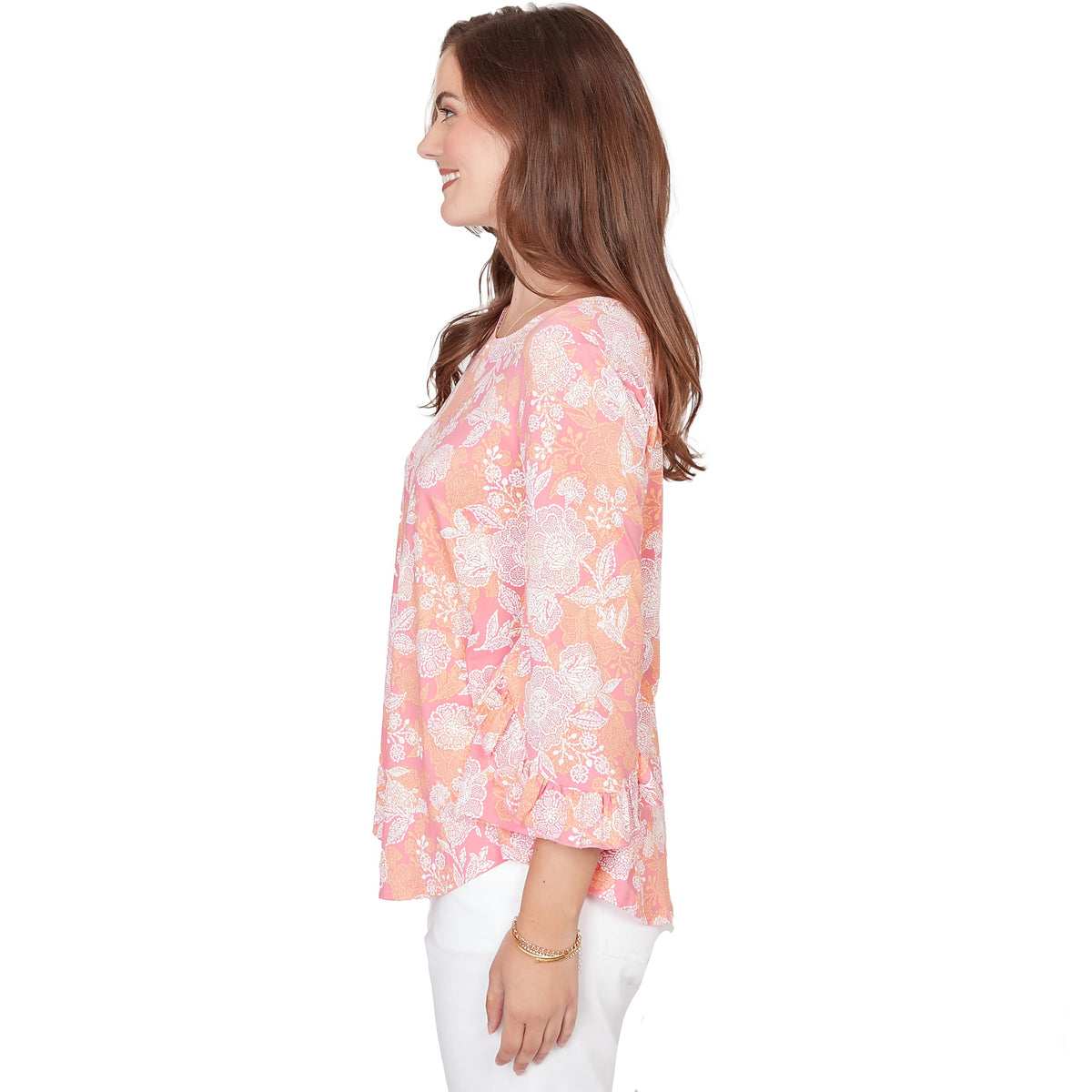 Ruby Rd. Women's Floral Puff Print Ruffle Knit Top, Cotton Candy Multi, S