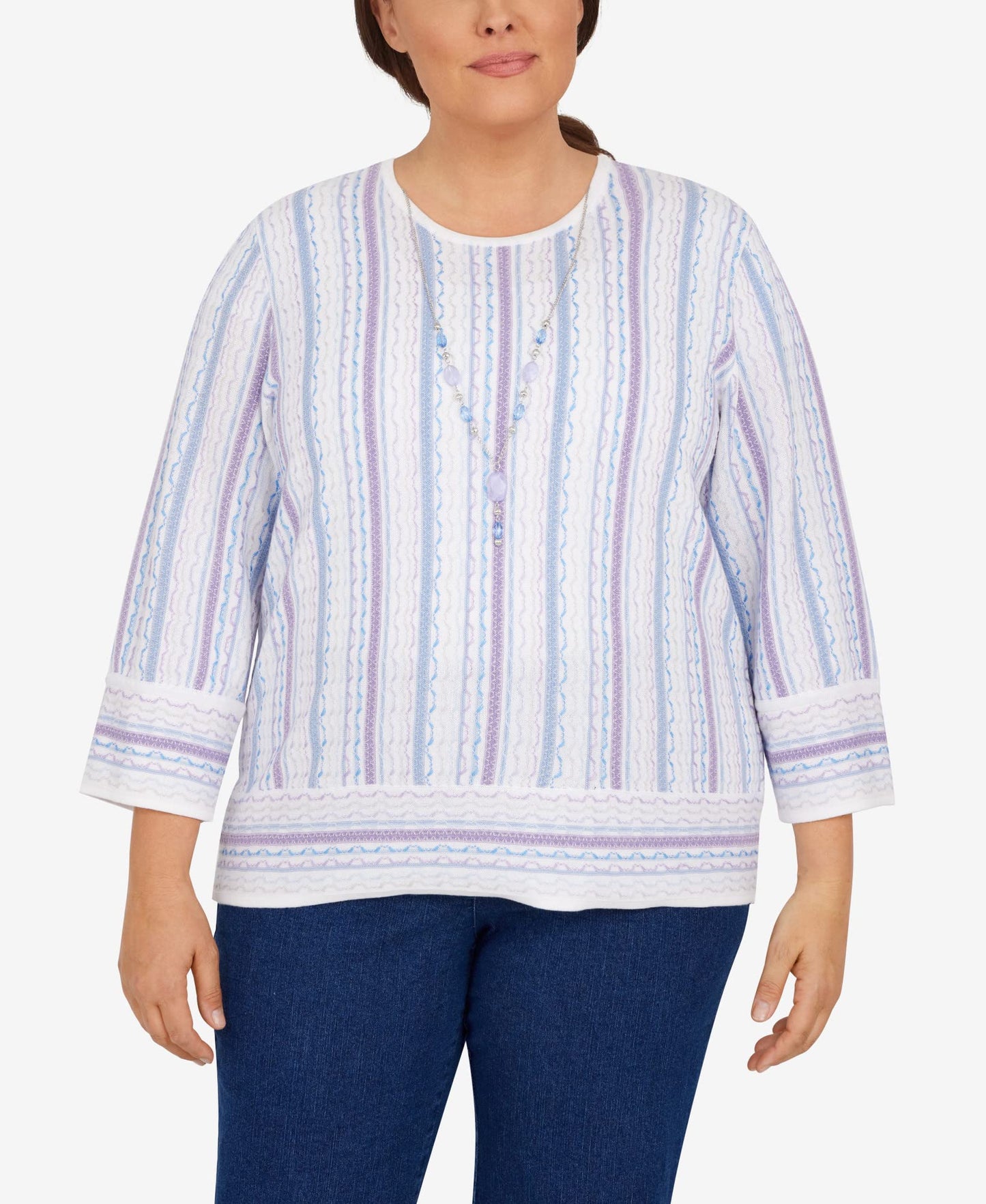 Alfred Dunner Women's Plus-Size Womens Crewneck Three-Quarter Bell Sleeve Stripe Sweater with Removable Necklace