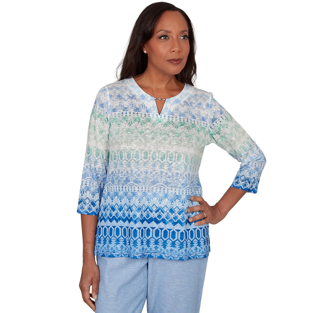 Alfred Dunner Women's Ombre Biadere Split Neck Top