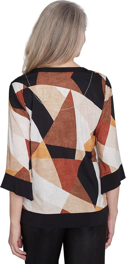 Alfred Dunner Rue Rivoli Trimmed Patchwork Polyester Top (US, Alpha, Small, Regular, Regular, Standard, Multi/Natural)