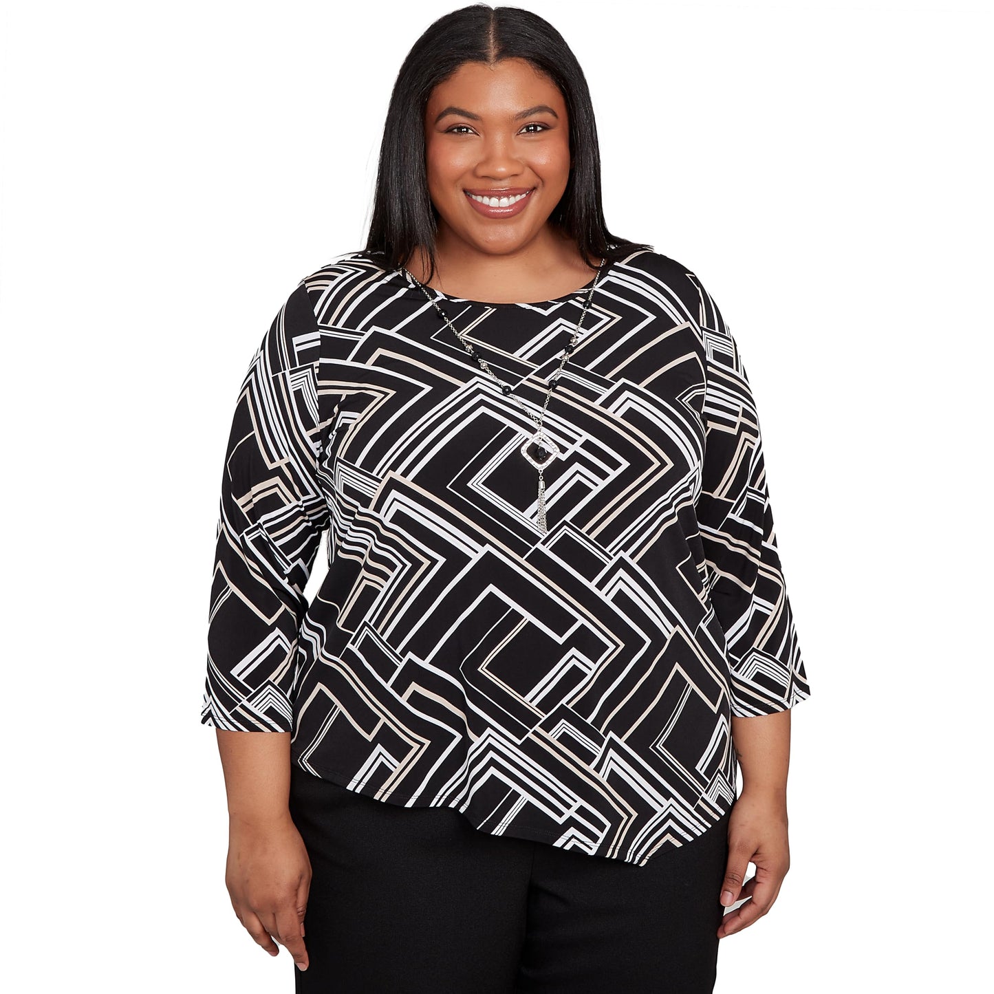 Alfred Dunner Women's Plus-Size Geometric Textured Top with Necklace Size 1X Black