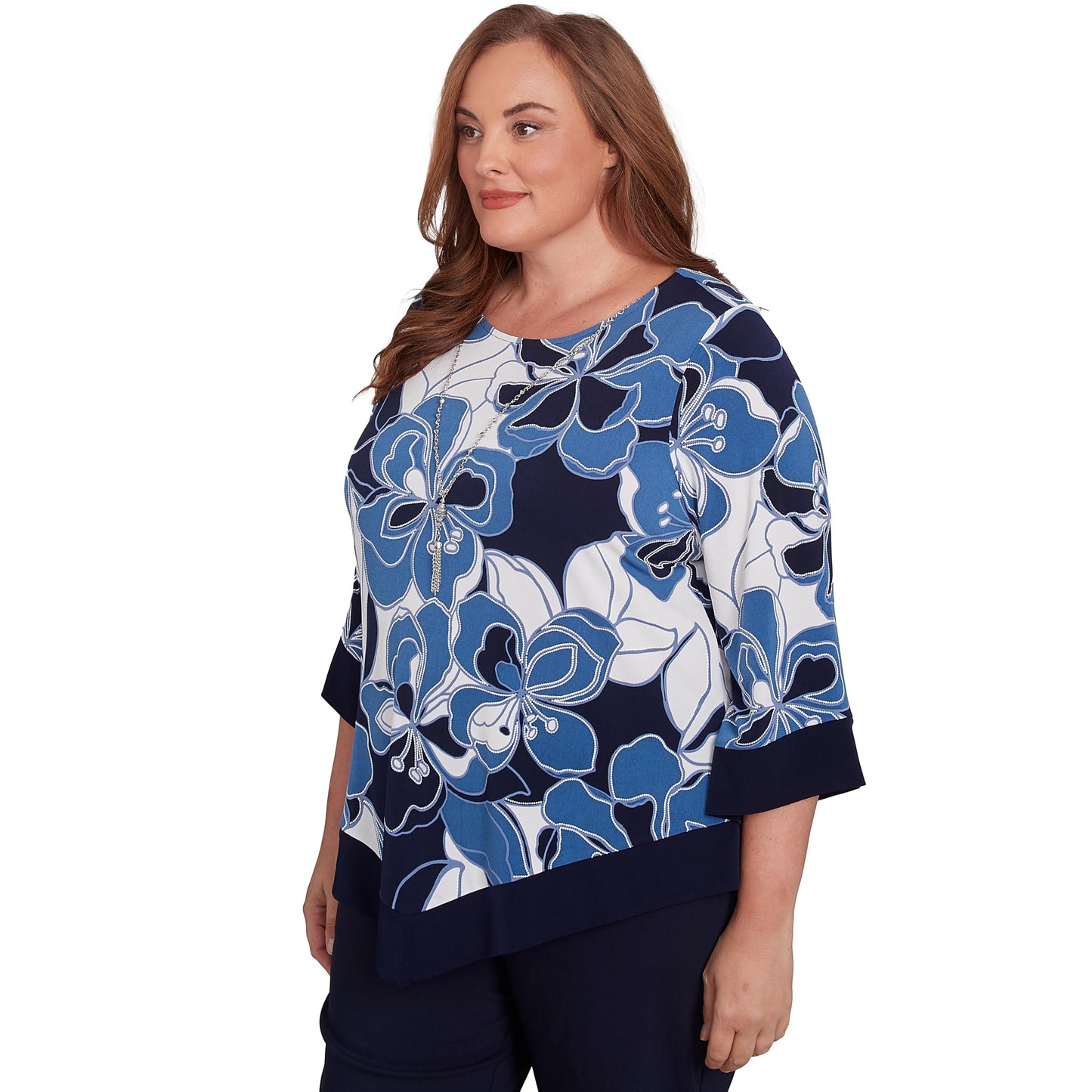 Alfred Dunner Women's Plus-Size Abstract Bold Floral Patchwork Top with Necklace Size 3X Navy