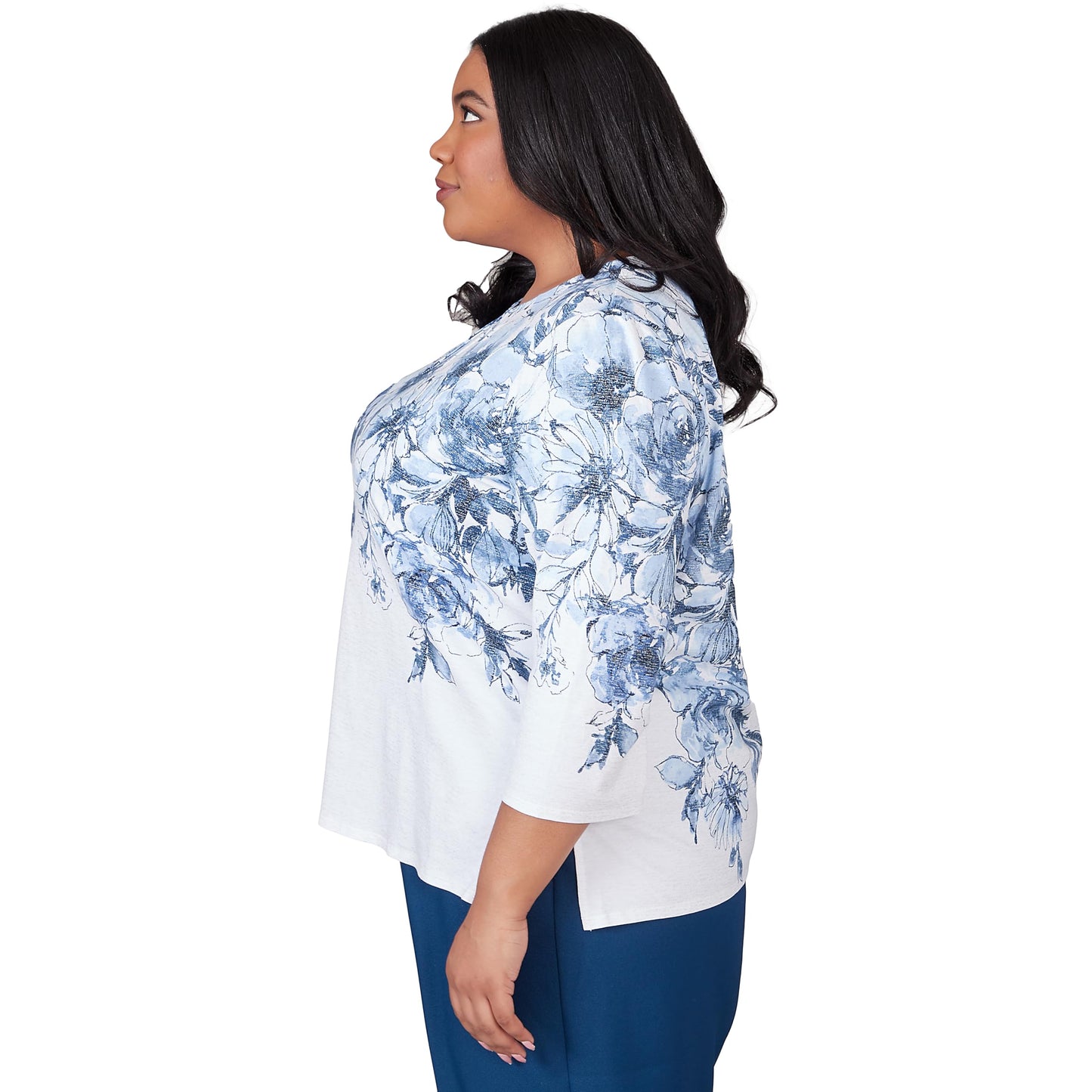 Alfred Dunner Women's Classics Floral Yoke Shimmer Top