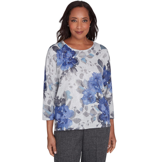 Alfred Dunner Worth Avenue Water Color Floral Shimmer Top (US, Alpha, Small, Regular, Regular, Standard, Grey)