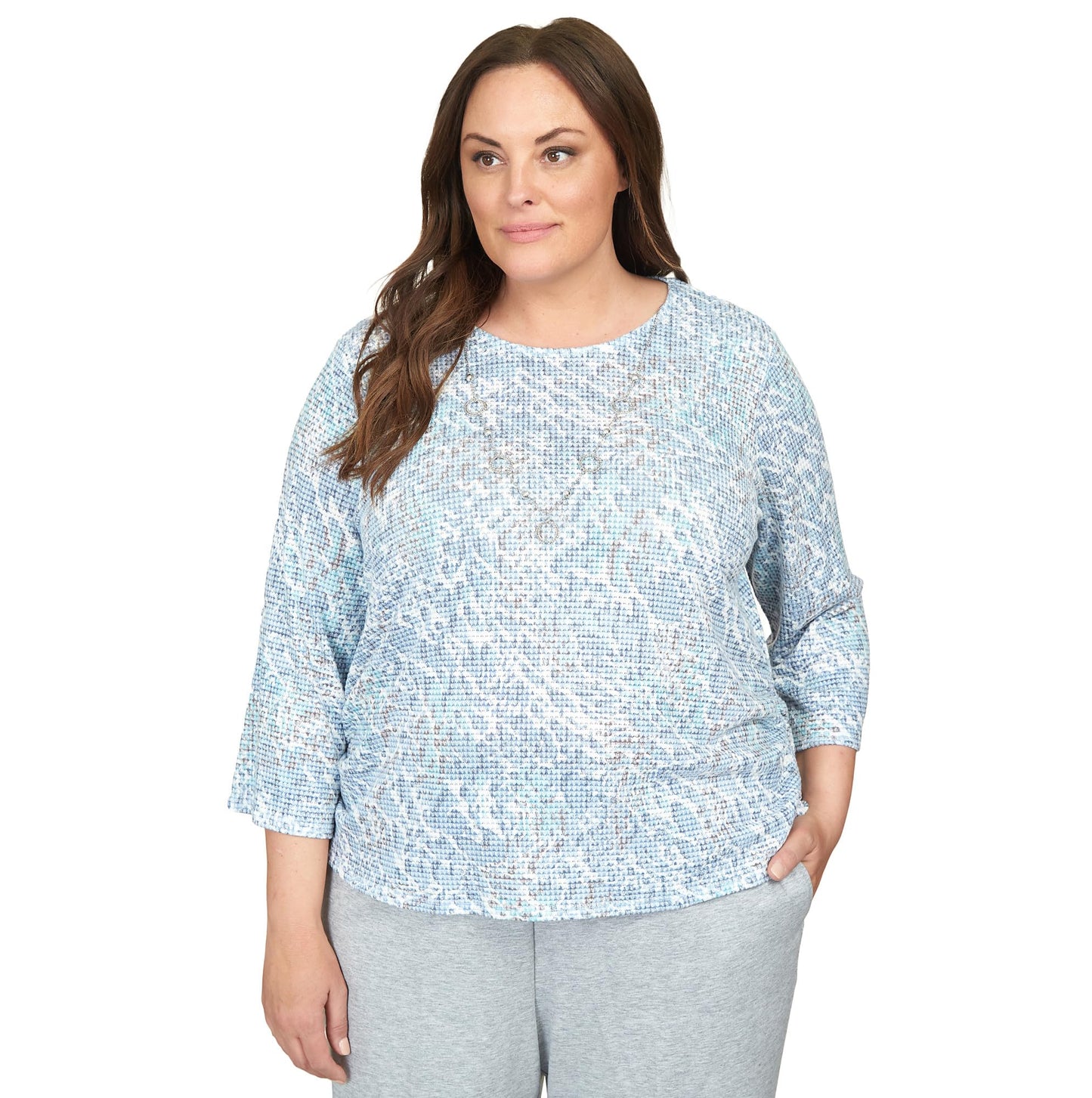 Alfred Dunner Women's Plus-Size Animal Print Ruched Hem Top with Necklace Size 3X Wedgewood