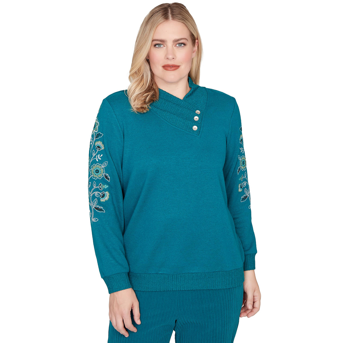 Alfred Dunner Womens Embroidered Sleeve Button Detail Top, Spruce, Size L