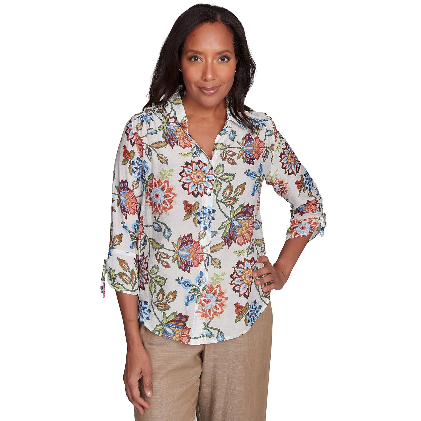 Alfred Dunner Baltic Floral Print Rayon Nylon Blouse (US, Alpha, Large, Regular, Regular, Standard, Multi)