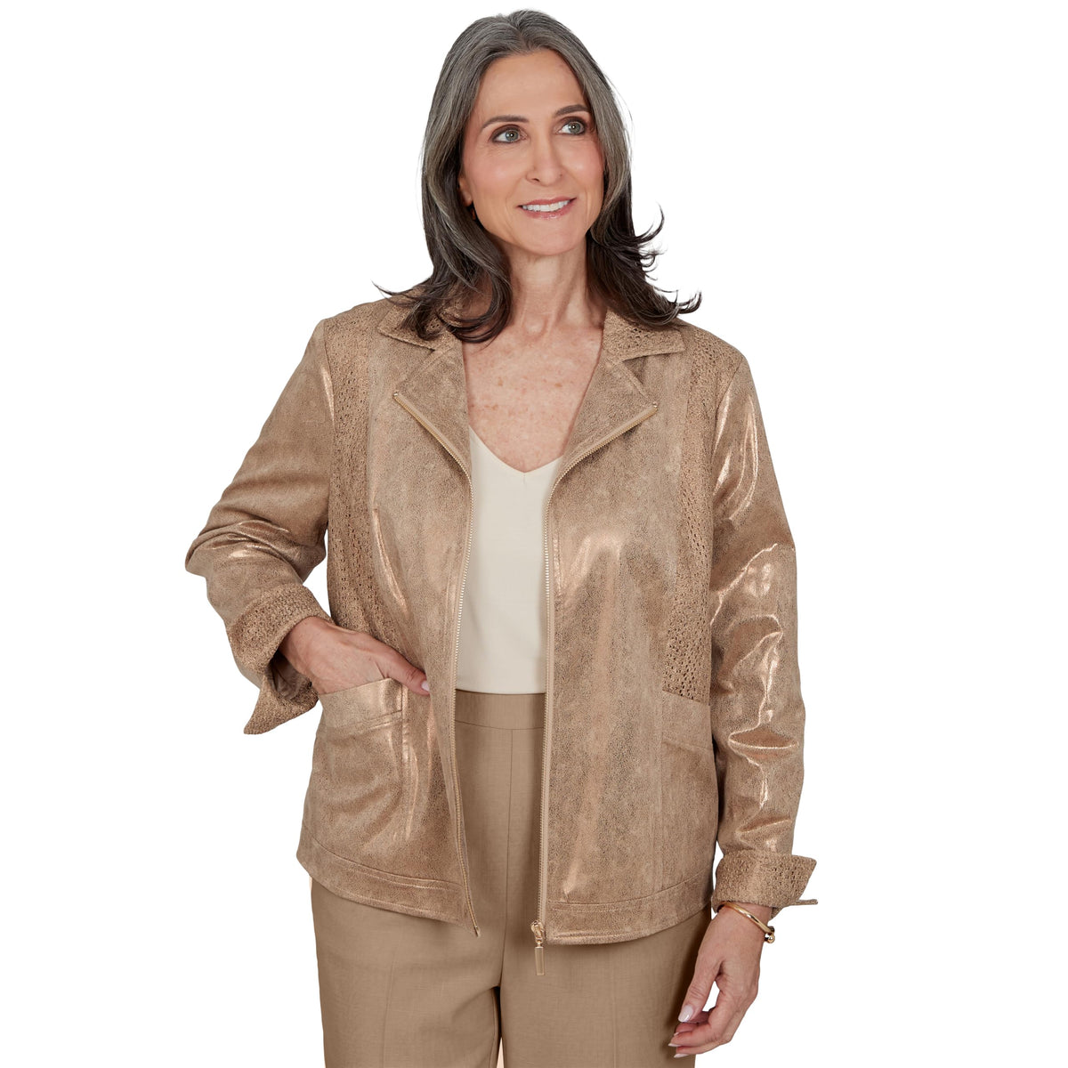 Alfred Dunner Petite Mixed Media Knit Back Jacket, Pecan, PL