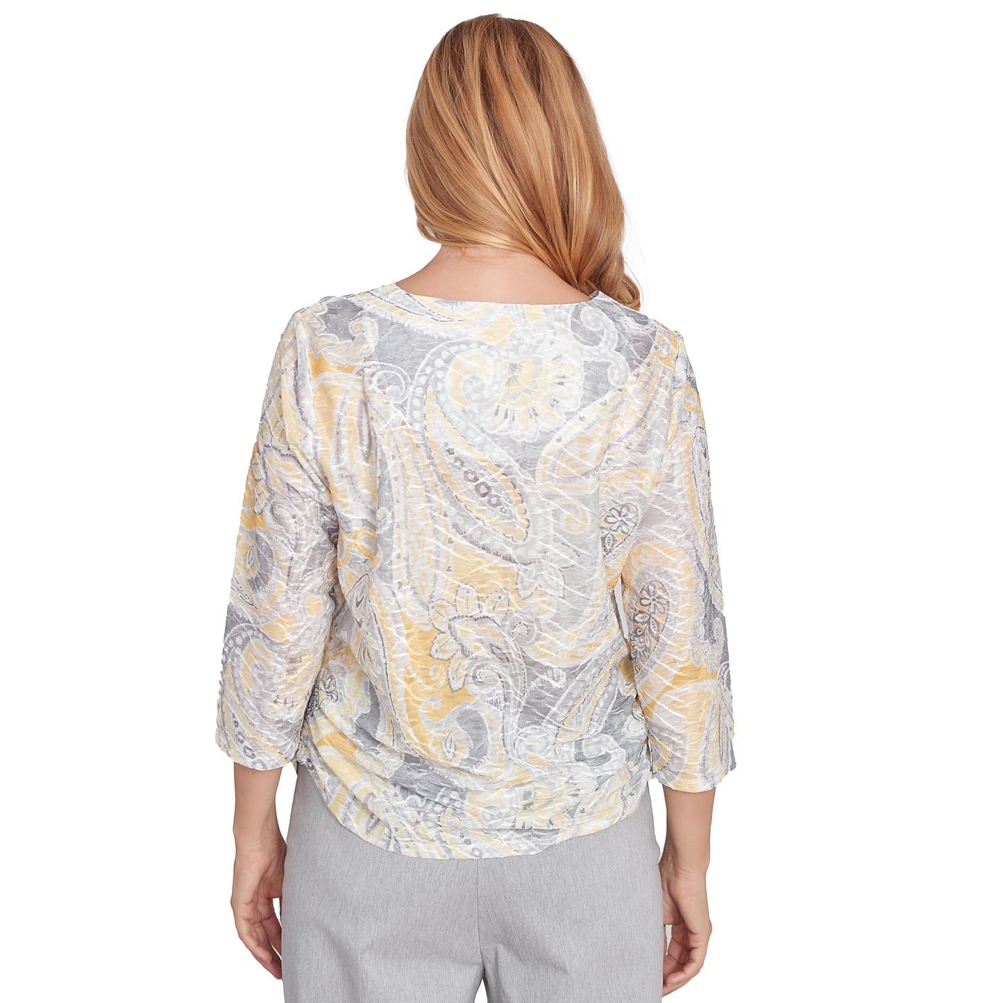 Alfred Dunner Dress Code Paisley Texture Polyester Top (US, Alpha, Small, Regular, Regular, Standard, Grey/Multi)
