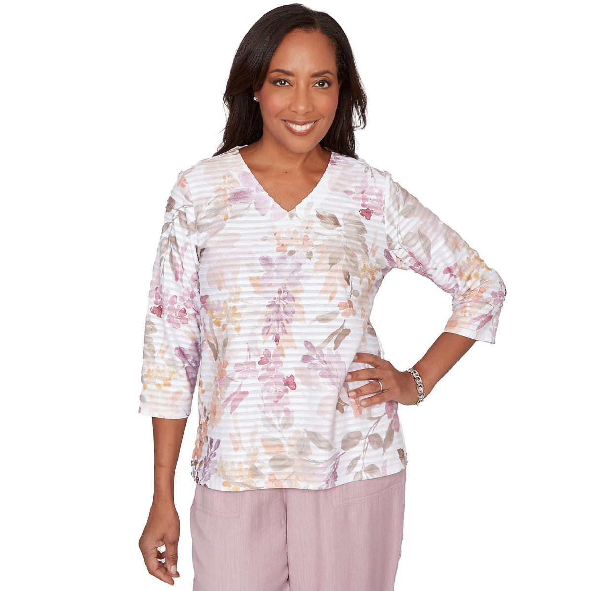 Alfred Dunner Women's Watercolor Floral Textured V-Neck Top, Pink, M