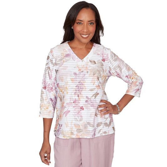 Alfred Dunner Women's Watercolor Floral Textured V-Neck Top, Size S, Pink Multi