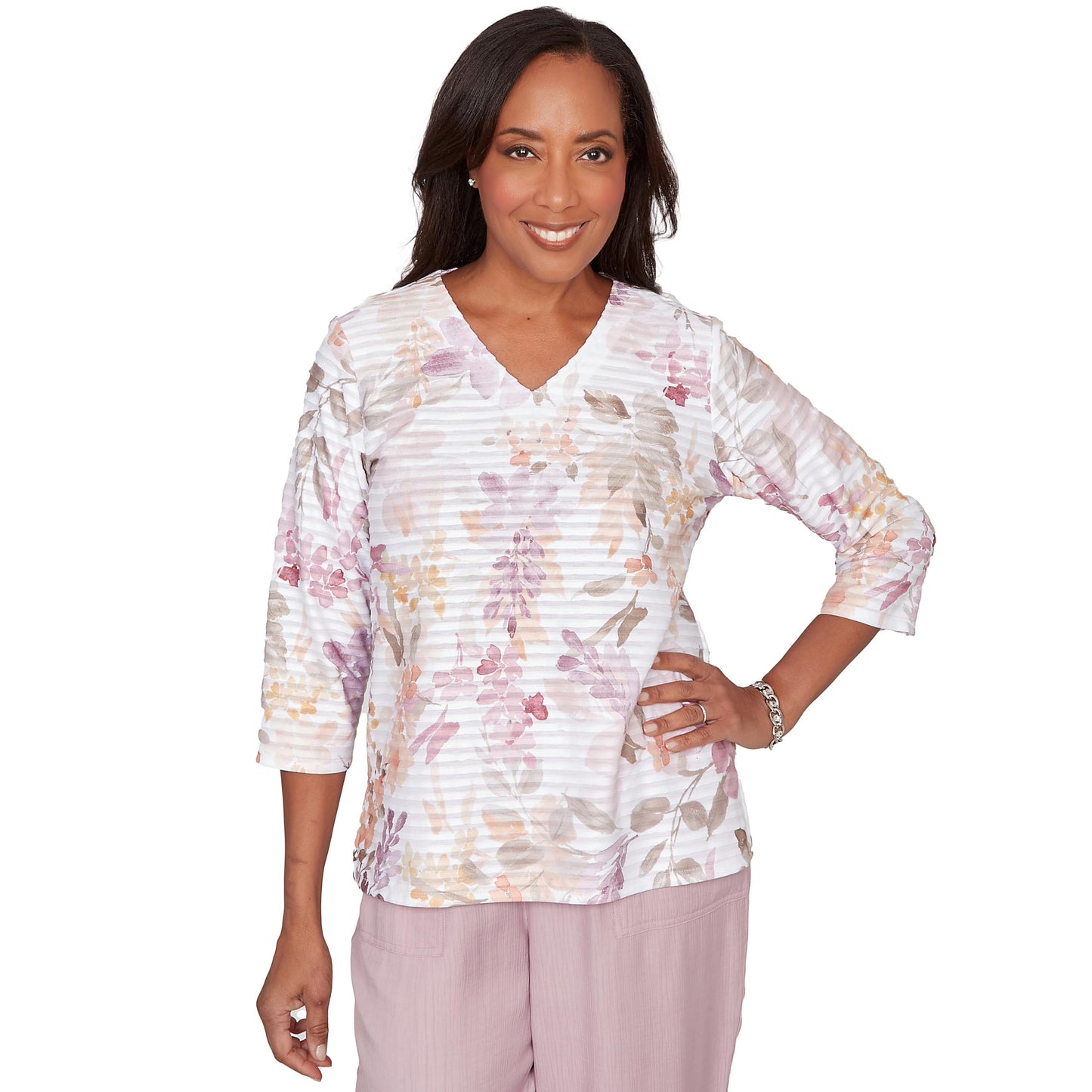 Alfred Dunner Women's Watercolor Floral Textured V-Neck Top