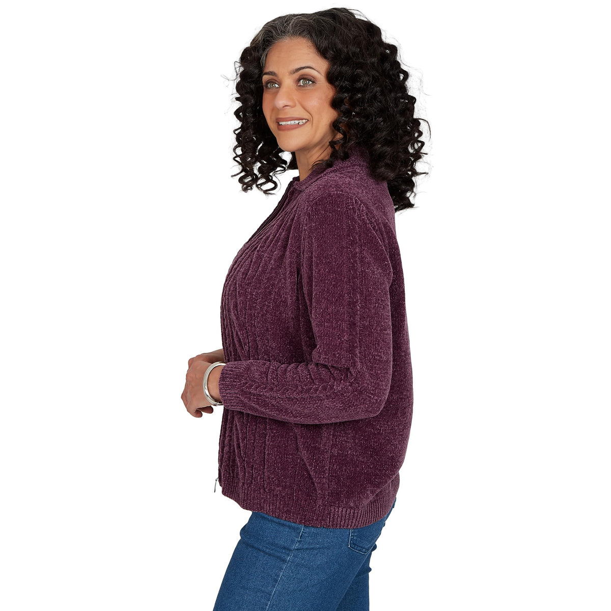 Alfred Dunner Women's Cable Chenille Zip Cardigan Sweater, Amethyst, XL