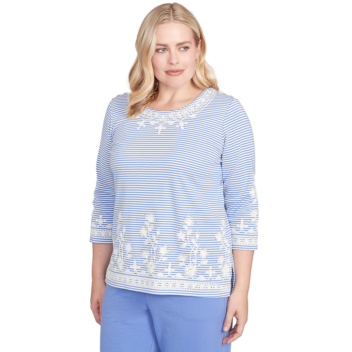 Alfred Dunner Women's Embellished Striped Crew Neck Top Size S Iris