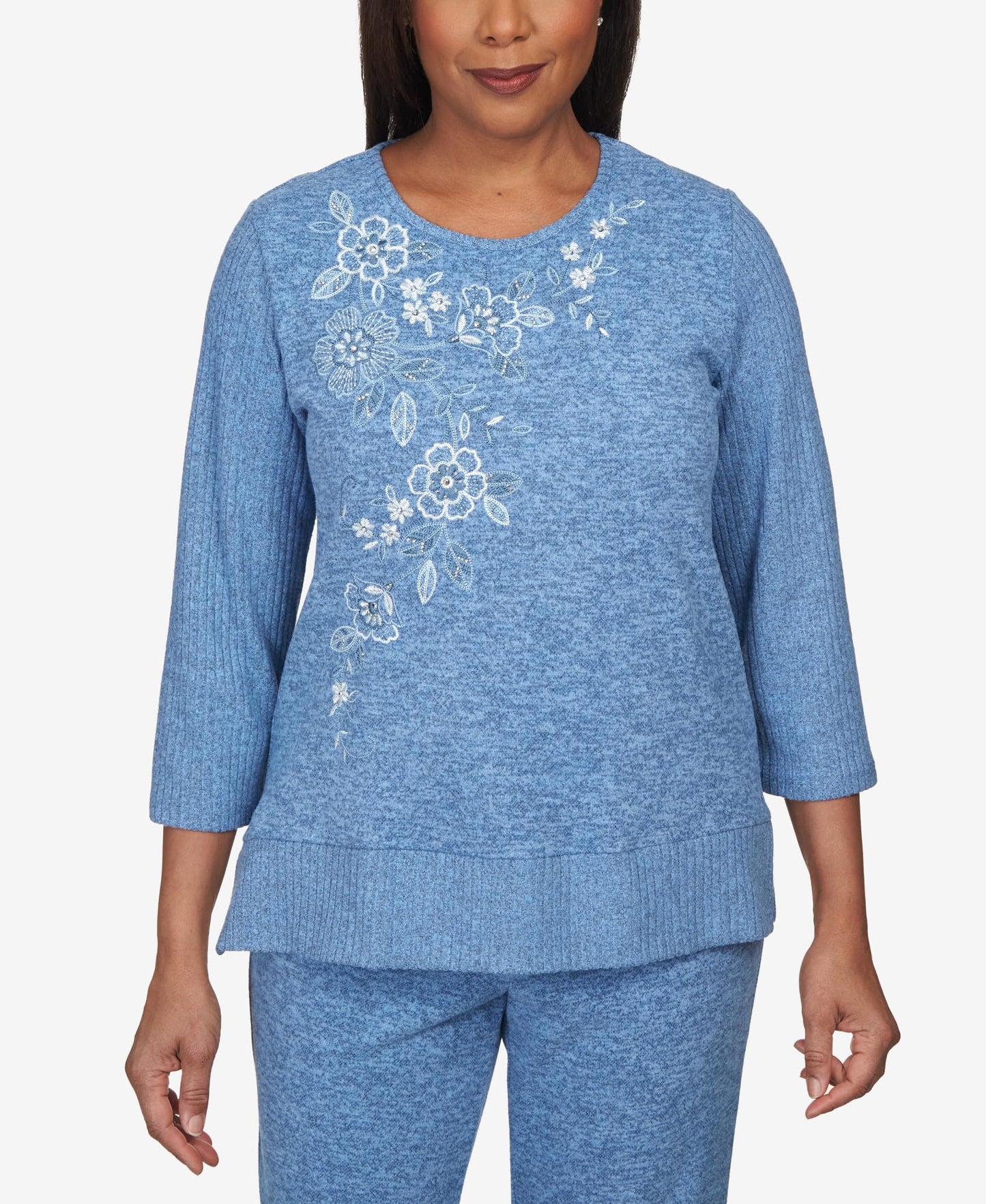 Alfred Dunner Comfort Zone Floral Embroidered with Slit Hem and Ribbed Sleeve