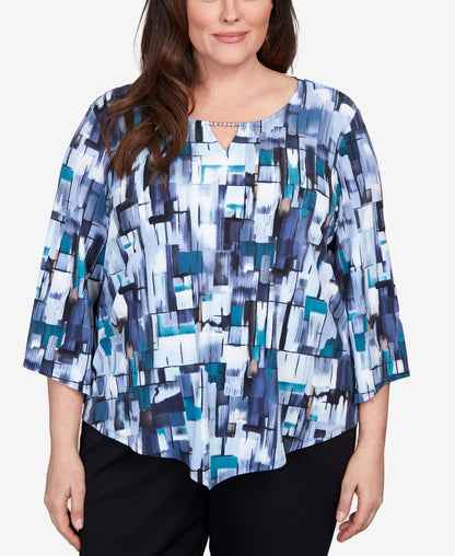 Alfred Dunner Women's Plus-Size Mini Stained Glass Pointed Hem Top Size 3X Denim