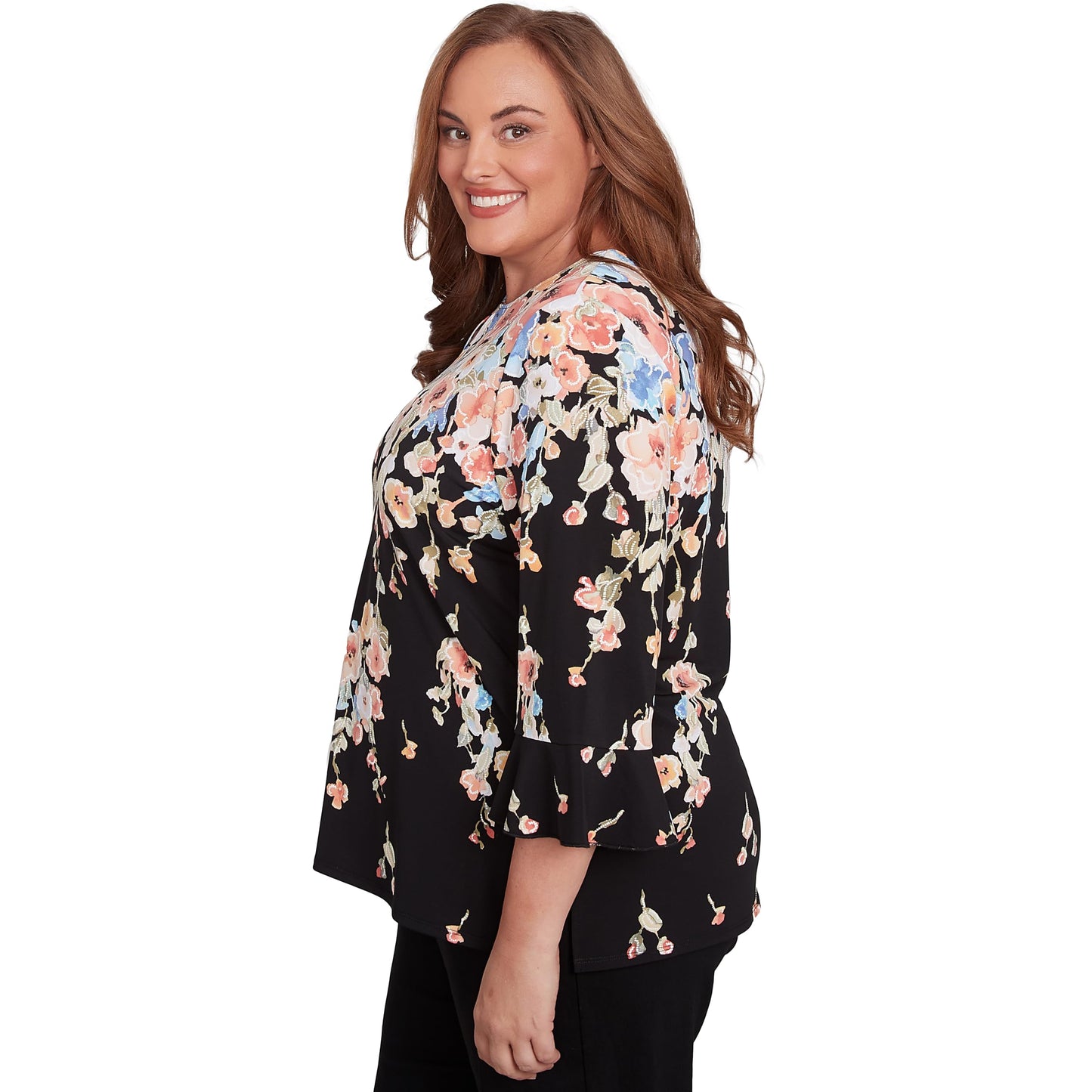 Falling Flower Beaded Split Neck Top