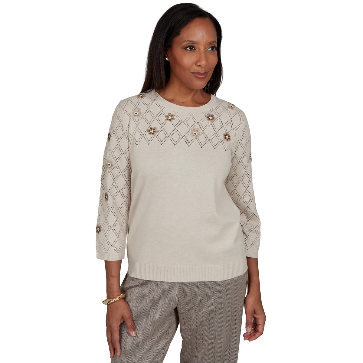 Alfred Dunner Women's Flower Embroidered Pointelle Sweater, Latte, M
