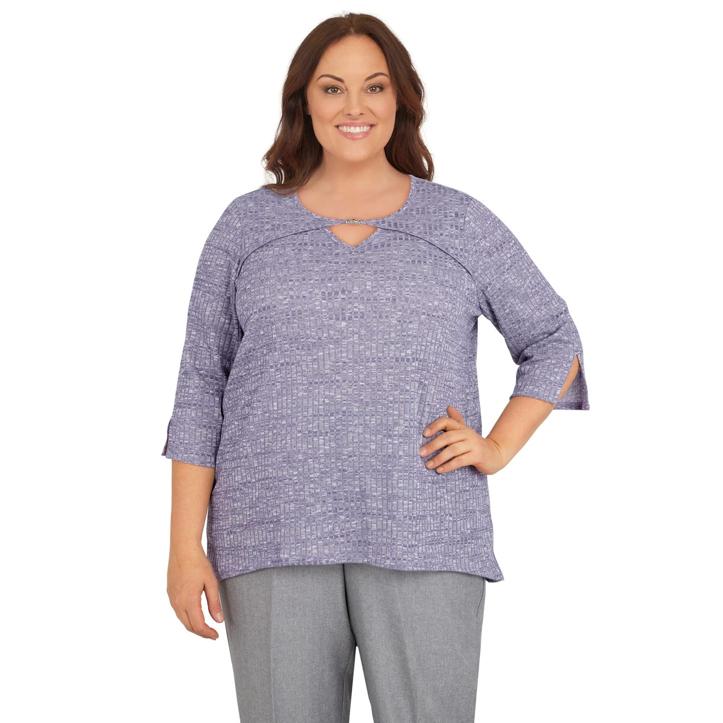 Alfred Dunner Women's Plus-Size Heather Knit Rib Keyhole Neck Top Size 3X Seagreen Plum