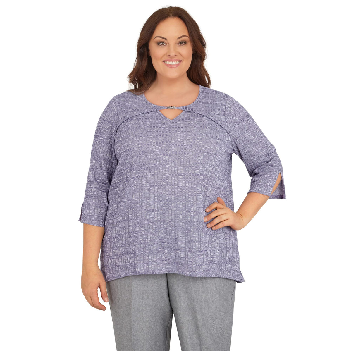 Alfred Dunner Women's Plus-Size Heather Knit Rib Keyhole Neck Top Size 3X Seagreen Plum