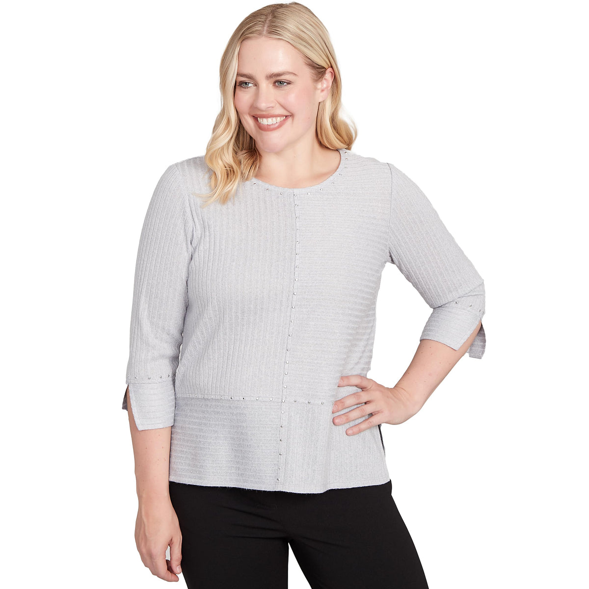 Alfred Dunner Women's Heat Set Embellished Solid Knit Top