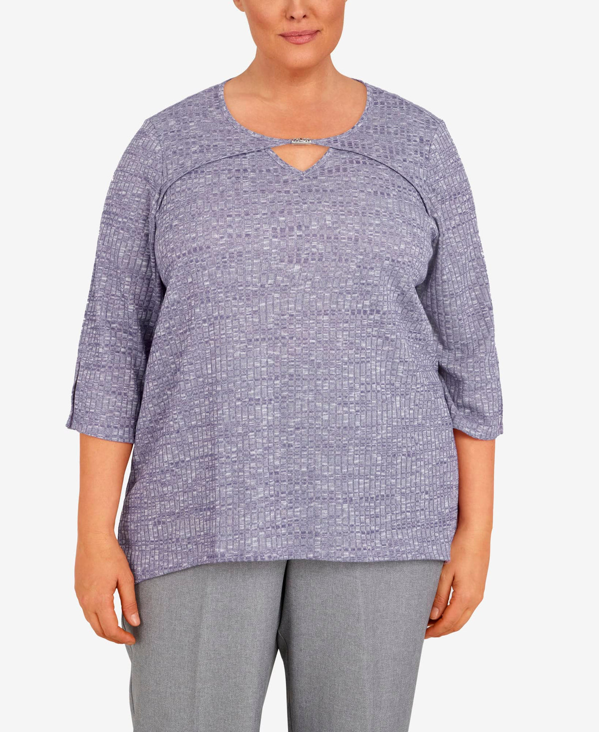Alfred Dunner Women's Plus-Size Heather Knit Rib Keyhole Neck Top Size 3X Seagreen Plum