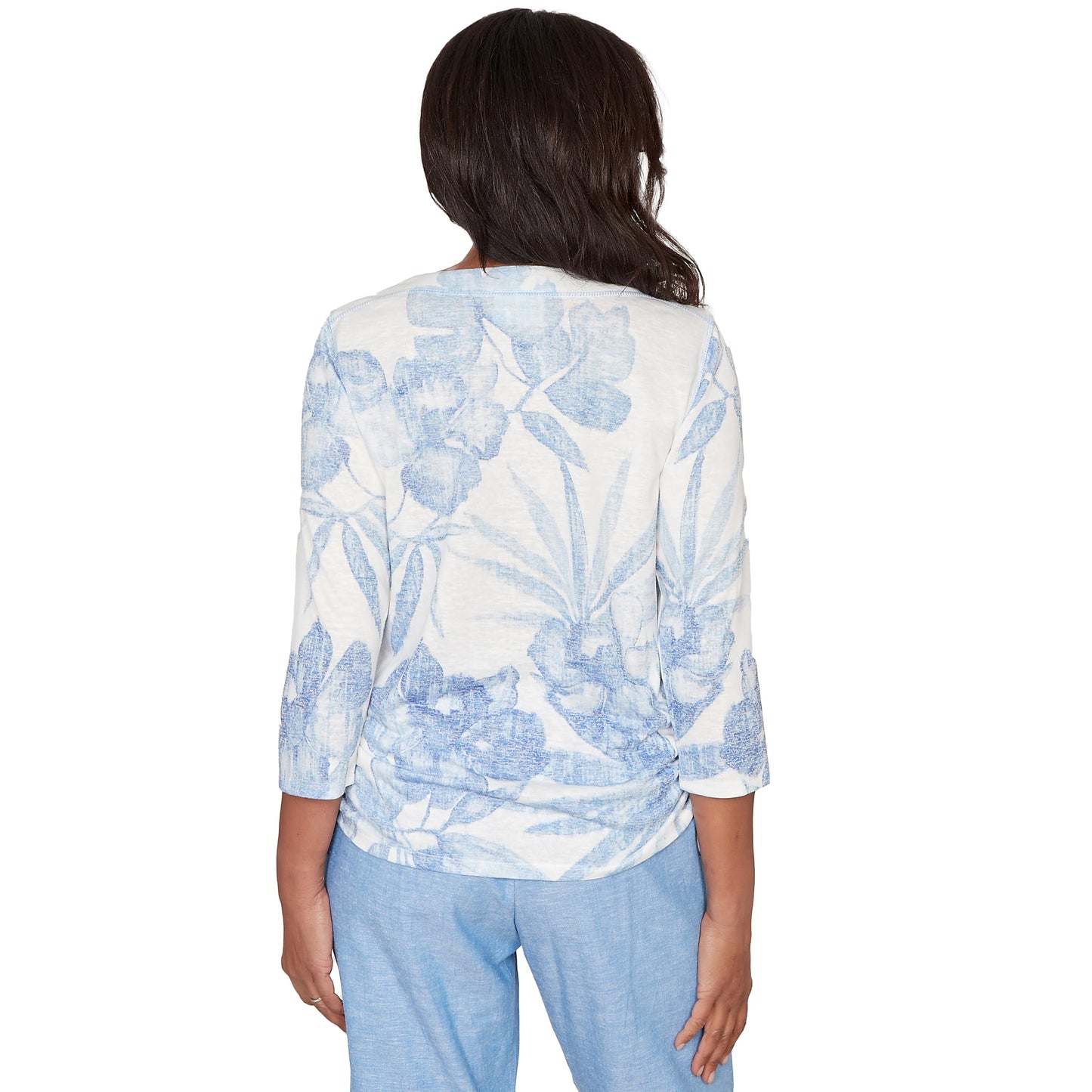 Alfred Dunner Women's Monotone Dramatic Floral Tropical Top, Size M, Ocean Blue