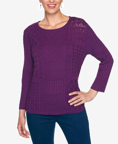 Alfred Dunner Women'sClassic Mixed Stitch PatchworkTextured Sweater with Jewel NecklineX-Large Grape