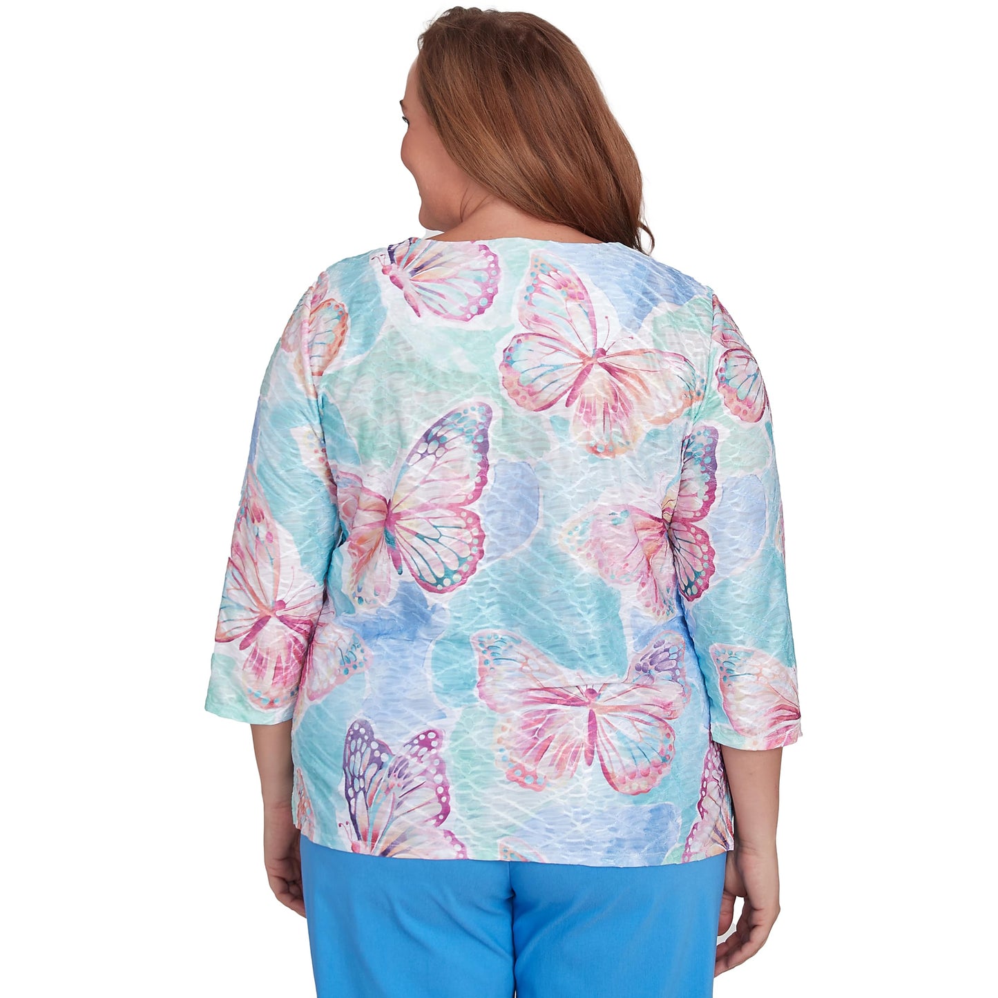 Alfred Dunner Women's Plus-Size Butterfly Crewneck Three Quarter Sleeves Top Size 1X Multi Pink