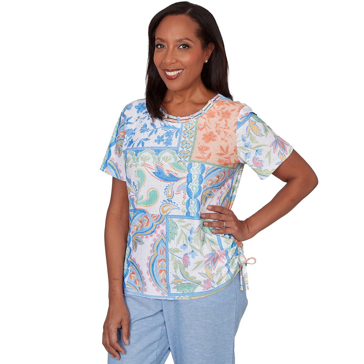 Alfred Dunner Women's Patchwork Scroll Side Tie Ruched Tee