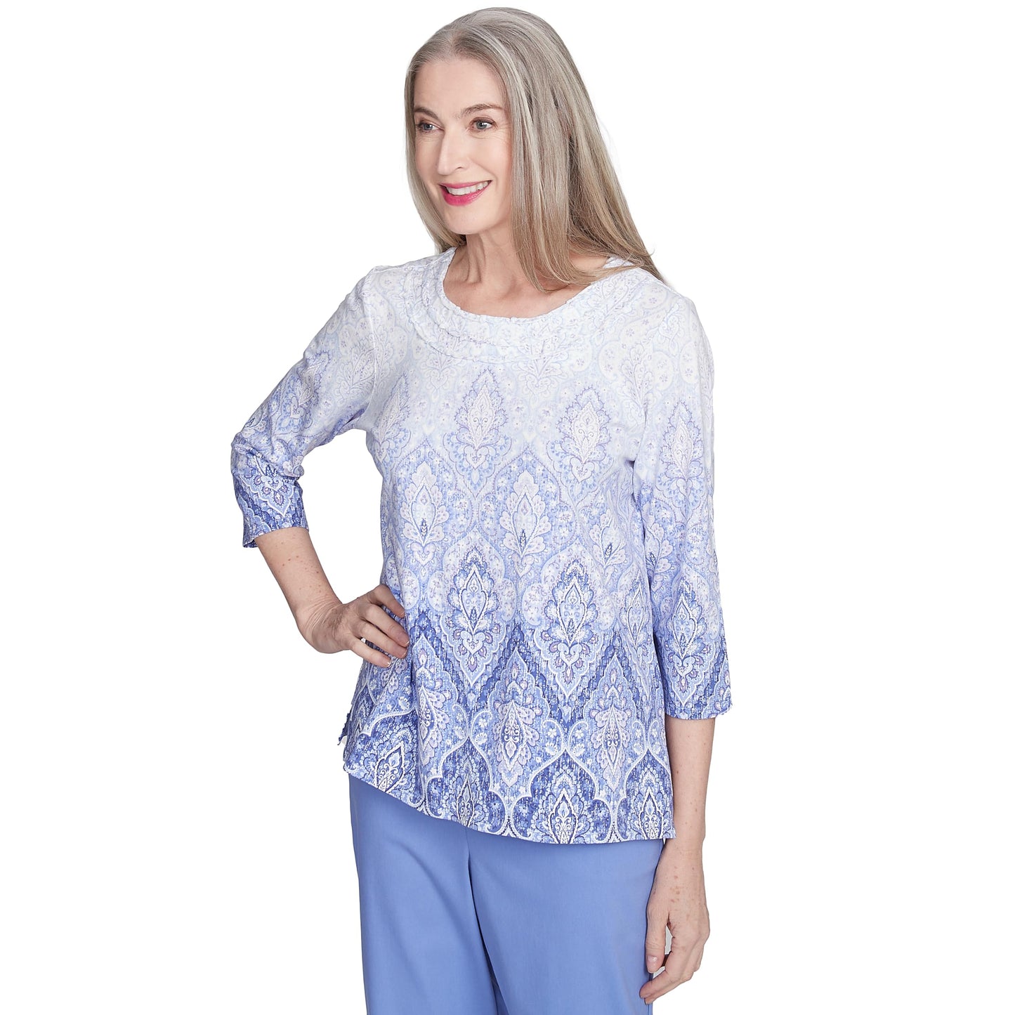 Alfred Dunner Ombr Medallion Print Cotton Top (US, Alpha, X-Large, Regular, Regular, Standard, Iris)