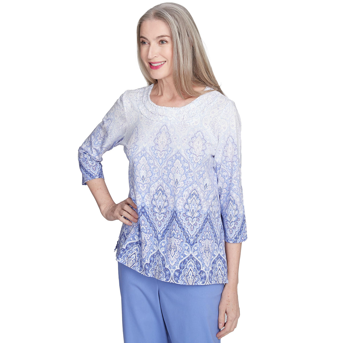 Alfred Dunner Ombr Medallion Print Cotton Top (US, Alpha, Large, Regular, Petite, Petite, Iris)