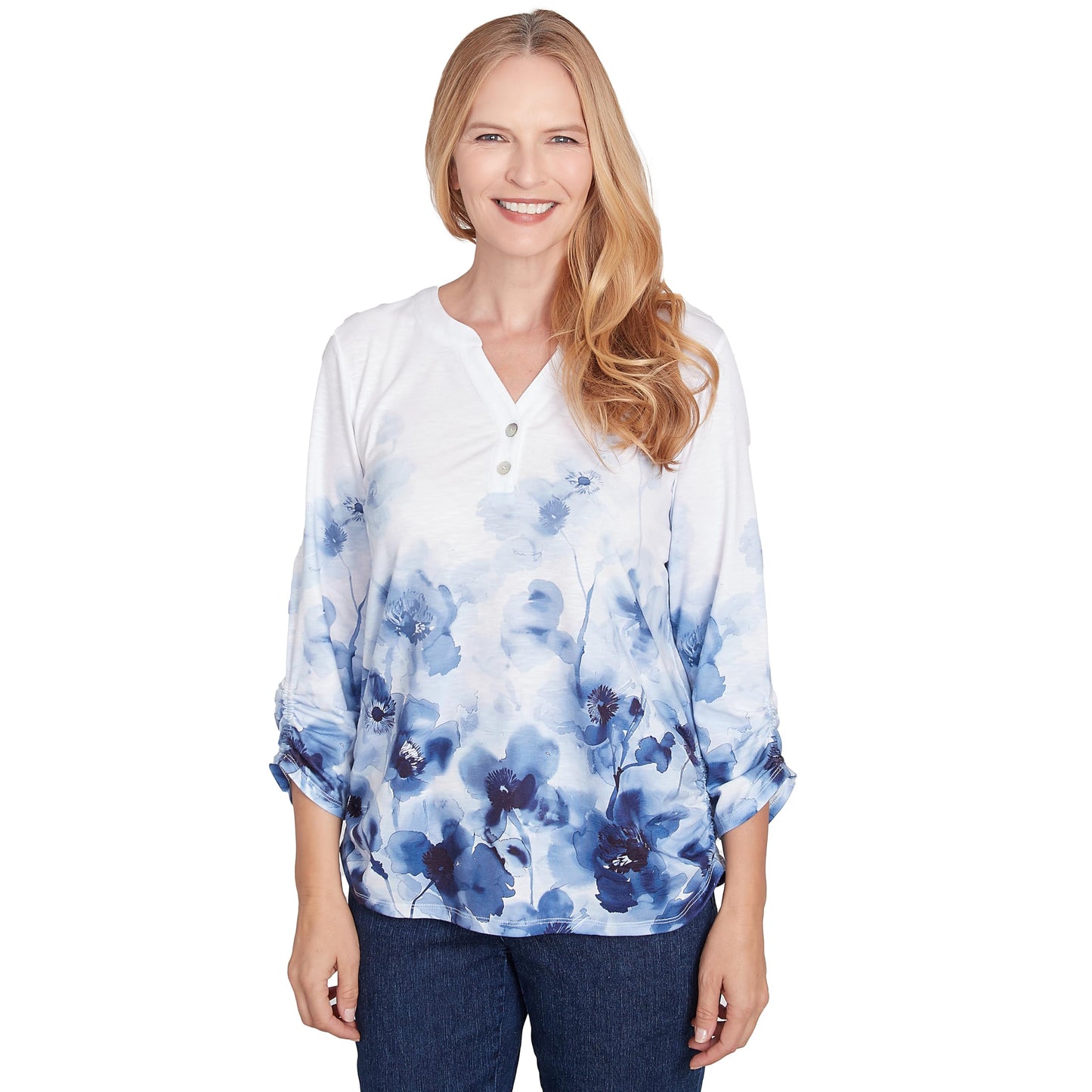 Floral Border Ruched Sleeve Henley Top