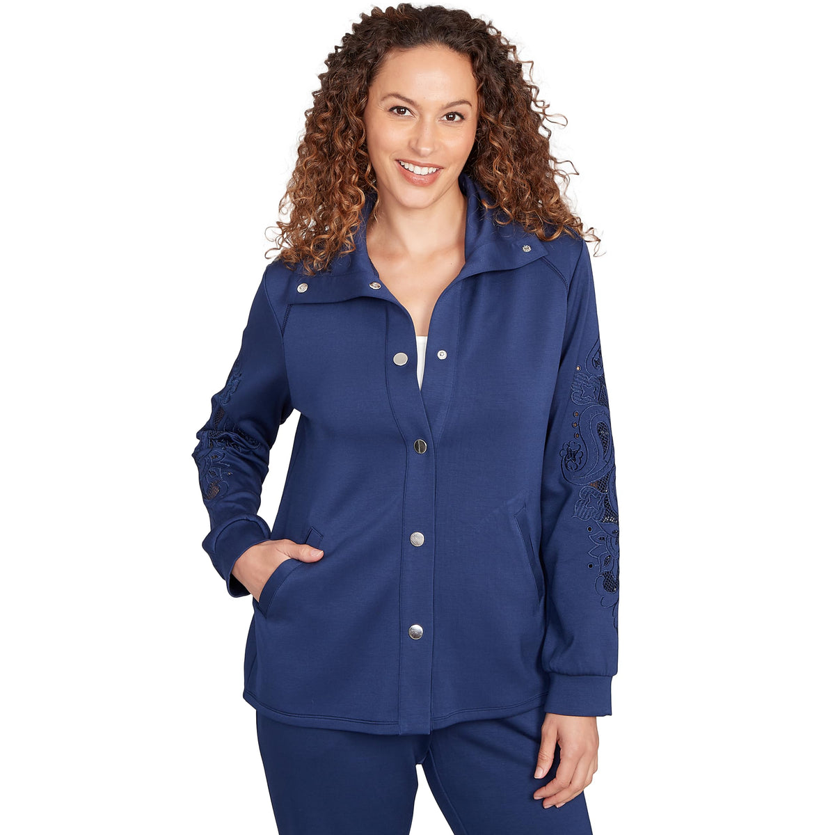 Ruby Rd. Solid Scuba With Embroidery on Sleeve (Standard, Deep blue, Small)