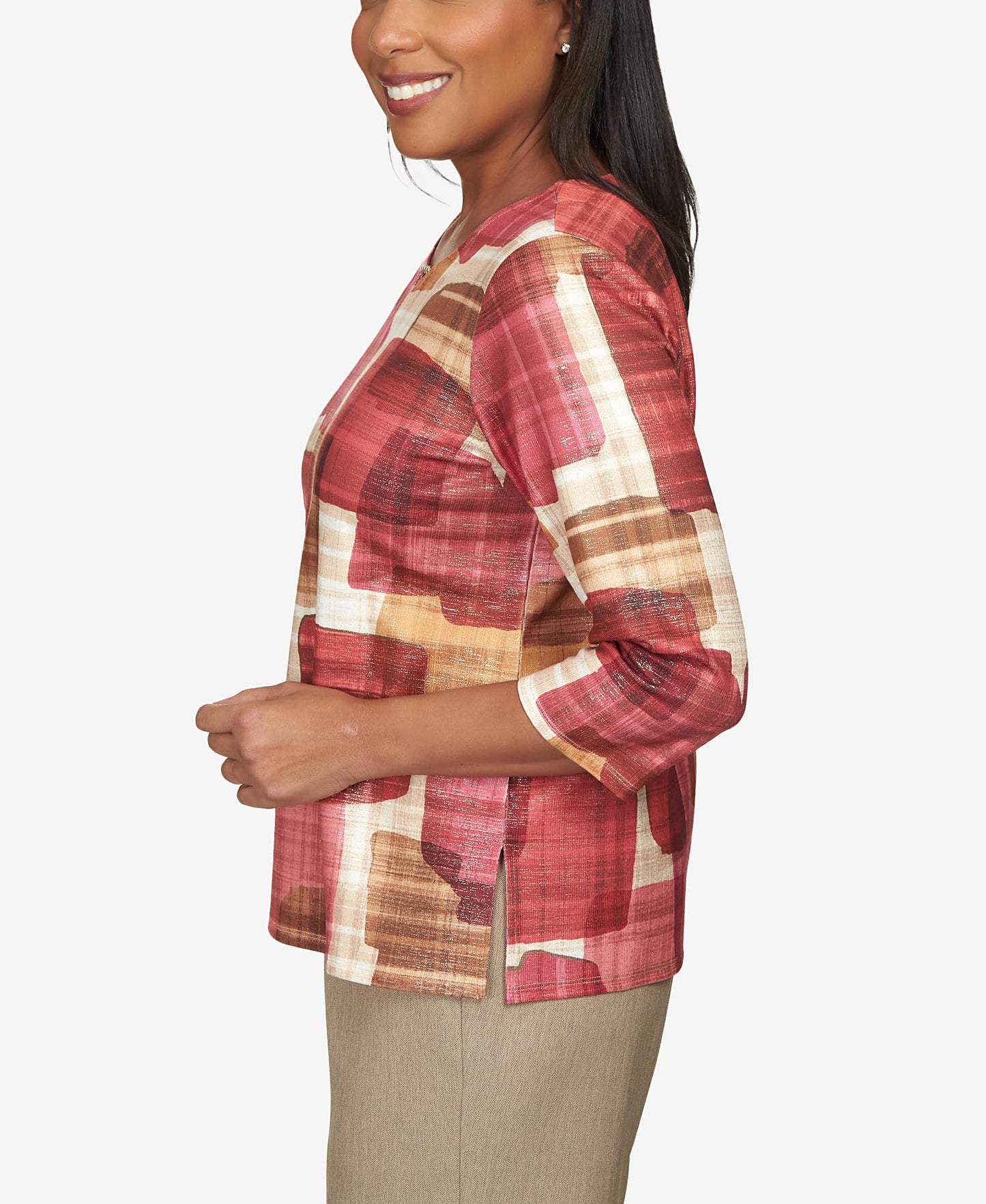 Alfred Dunner Women's Petite Texture Colorblock Split Neck Top Size PS Multi