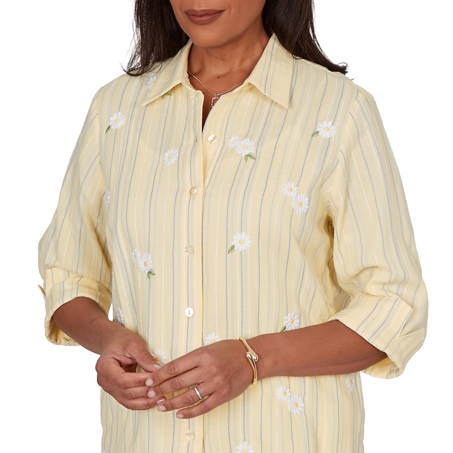 Alfred Dunner Women's Petite Embroidered Daisy Stripes Button Front Top, Size PS, Sunshine