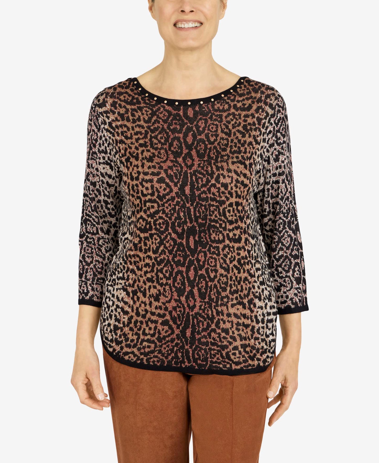 Alfred Dunner Women's Petite Womens Animal Jacquard 3/4 Sleeve Sweater