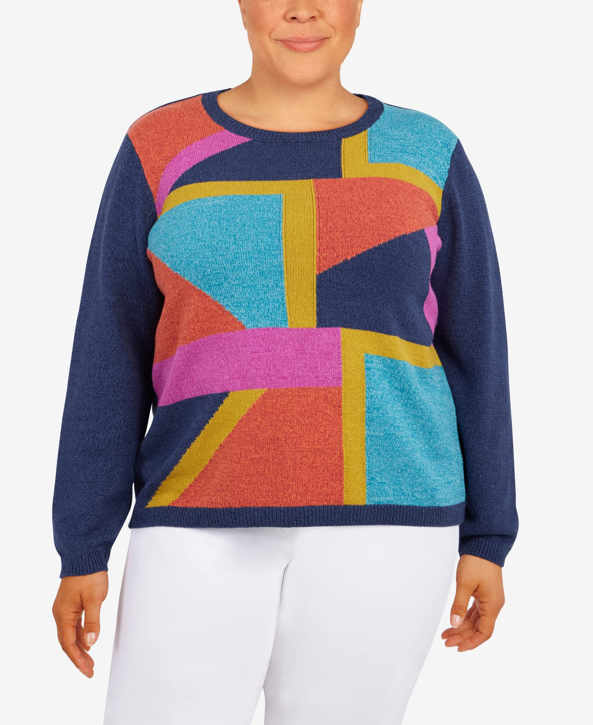 Alfred Dunner Women's Plus-Size Womens Colorblock Crewneck Sweater Size 3X Navy Multi