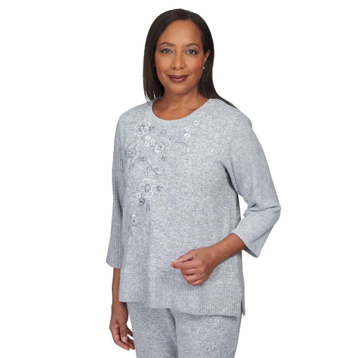 Alfred Dunner Comfort Zone Floral Embroidered Ribbed Sleeve with Slit Hem Knit Top