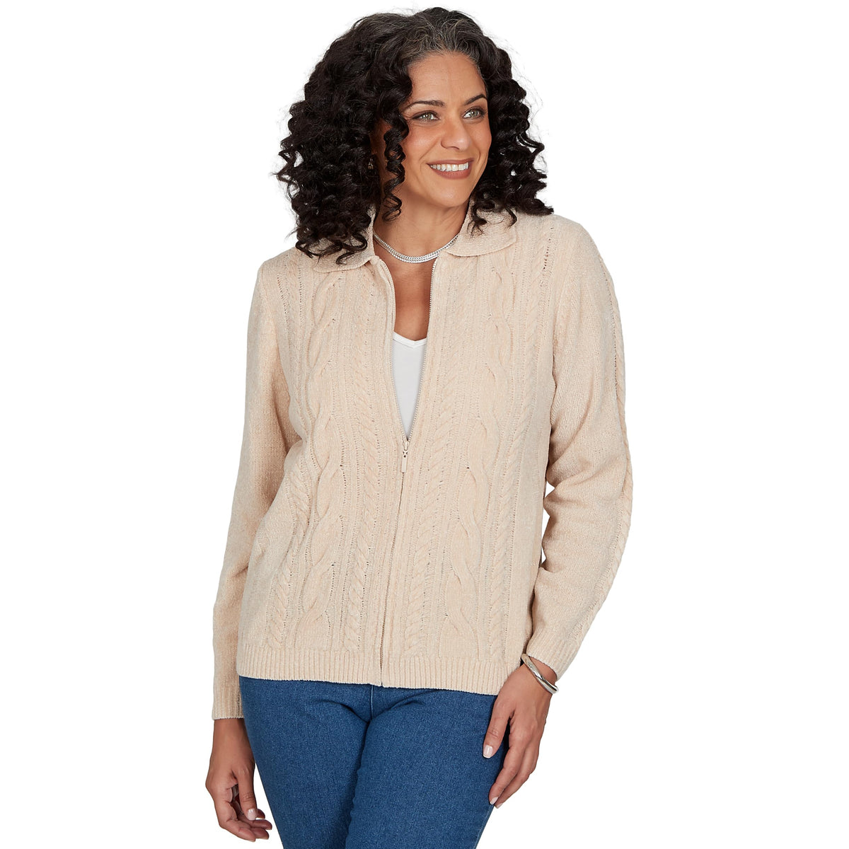 Alfred Dunner Women's Cable Chenille Zip Cardigan Sweater, Latte, L