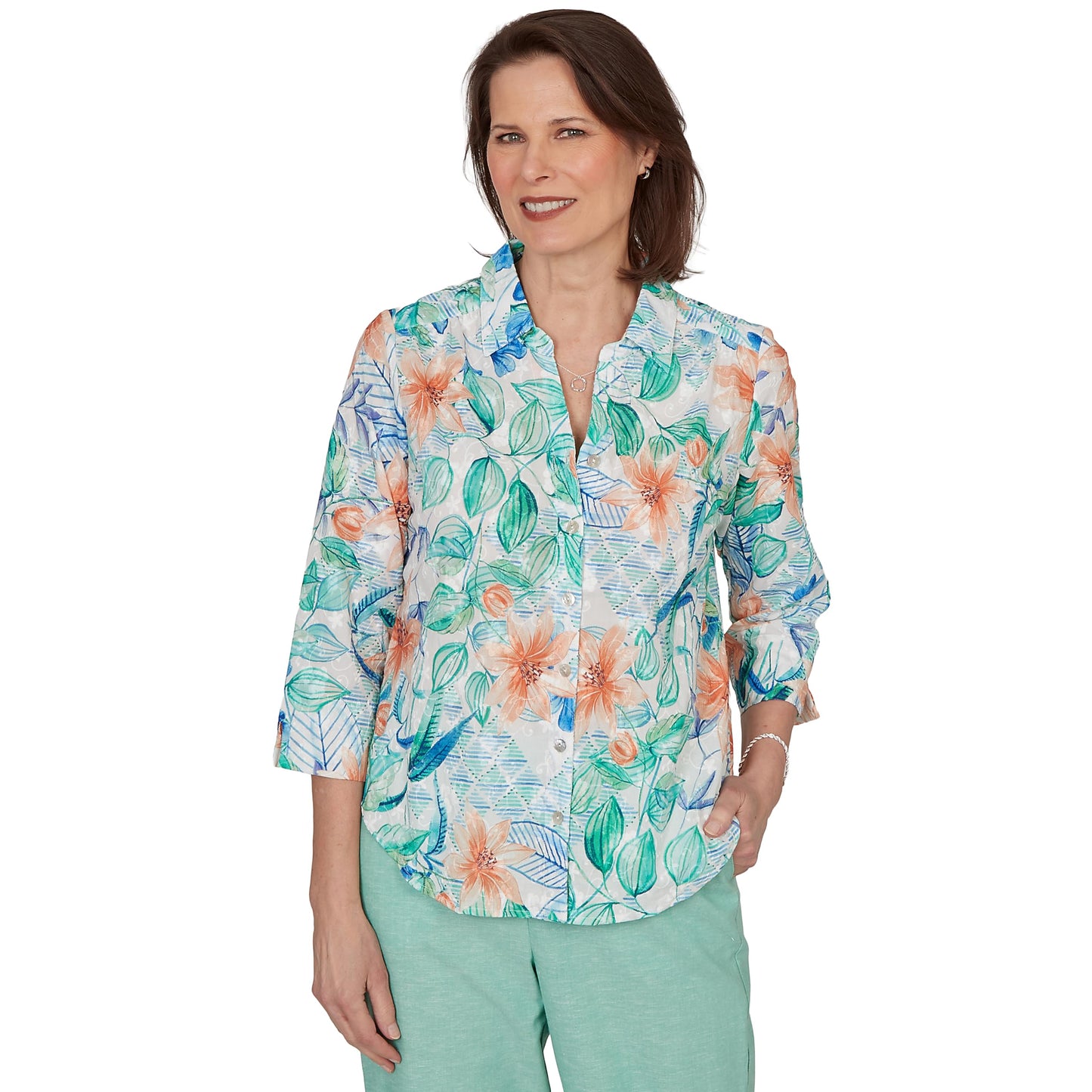 Alfred Dunner Women's Tropical Flower Eyelet Tie Sleeve Top