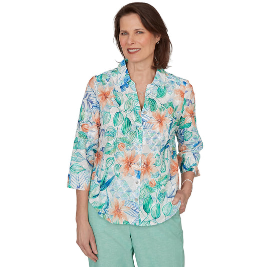 Alfred Dunner Women's Tropical Flower Eyelet Tie Sleeve Top