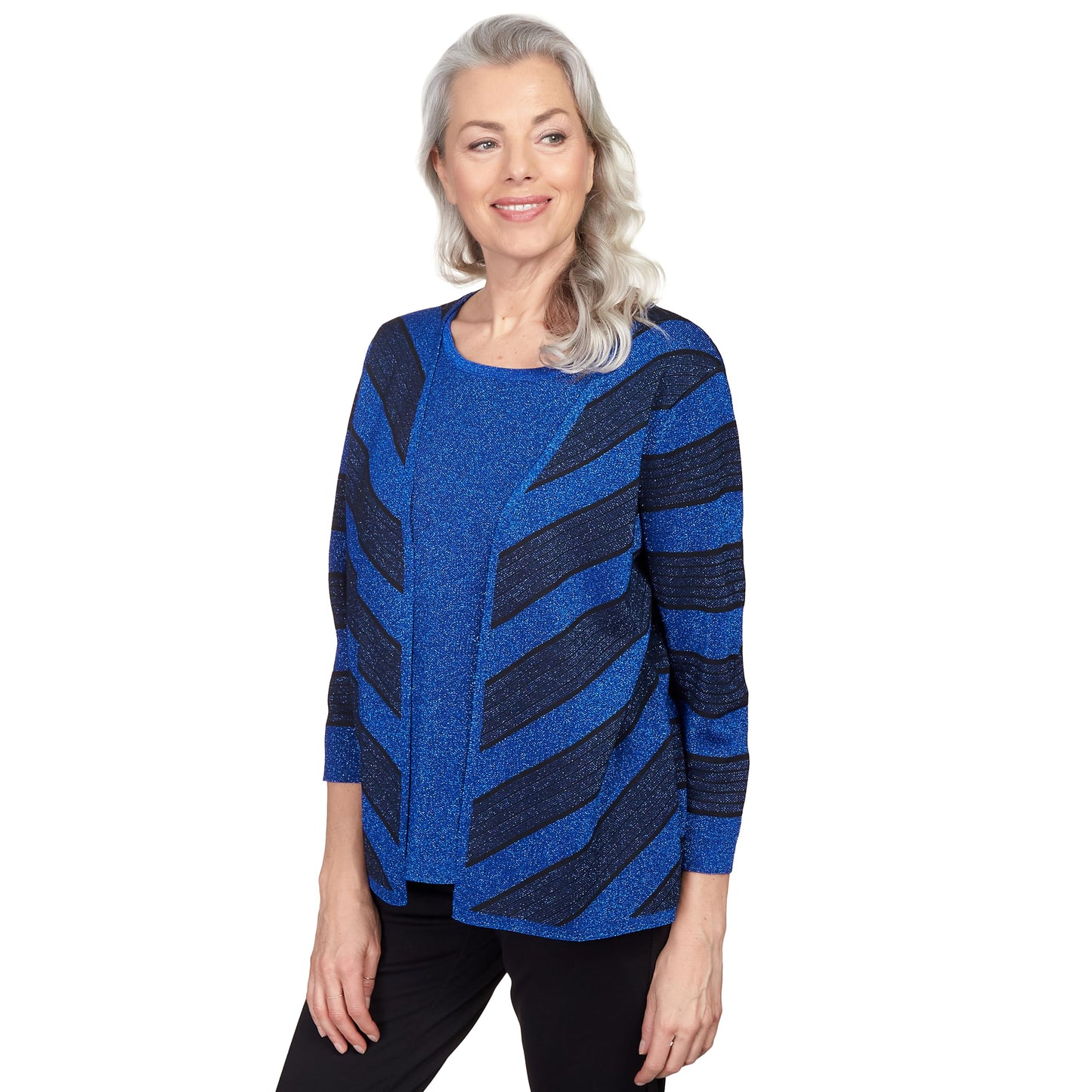 Alfred Dunner Classics Chevron Strip Metalic 2 for 1 Sweater