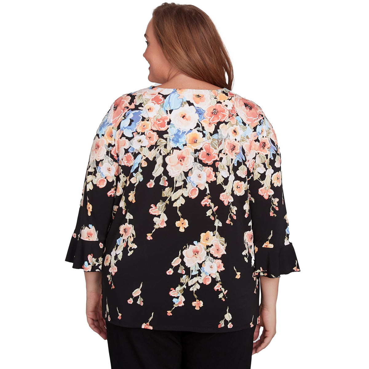 Alfred Dunner Women's Plus-Size Falling Flower Beaded Split Neck Top Size 1X Black
